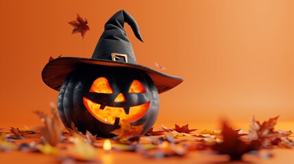 3d Rendering, Happy Halloween, Black Pumpkin with witch hat isolated on orange background with copy space