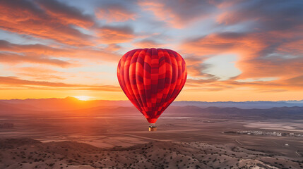 Fototapeta premium Hot Air Balloon Soaring Over Scenic Landscape at Sunrise