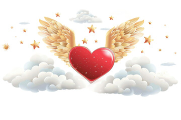Heart Emoji with Wings and Clouds on transparent background. PNG