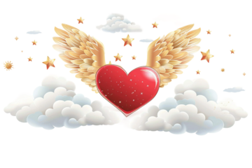 Heart Emoji with Wings and Clouds on transparent background. PNG