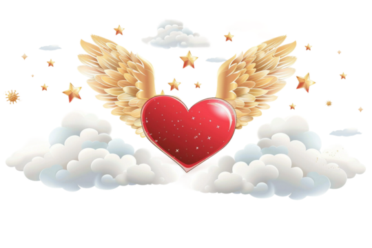 Heart Emoji with Wings and Clouds on transparent background. PNG