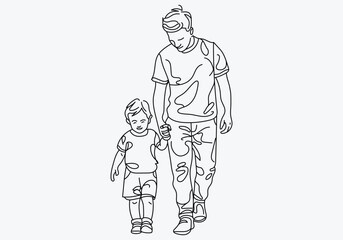 line art illustration of a child and their father walking together.Parents and child. father day concept. isolate white background.