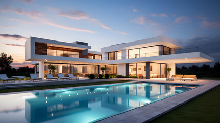 Fototapeta premium Modern Luxury Home with Pool and Evening Sky