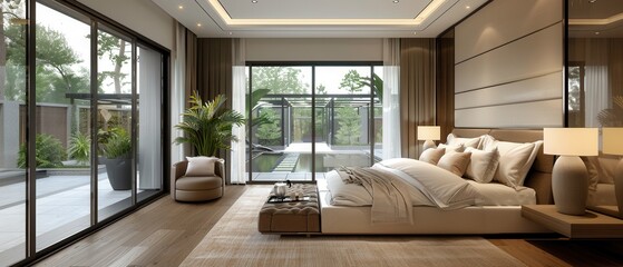 Contemporary bedroom with clean lines, neutral colors, and a sharp, modern design