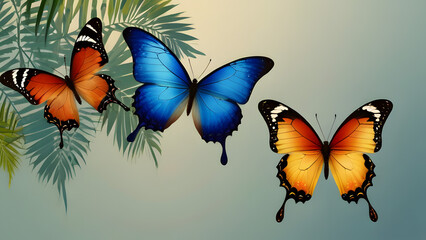 A colorful collection of leaves and butterflies. collection of plants with the words butterfly. leaves with copy space. butterfly with copy space.