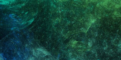 Green dust overlay particle abstract grunge texture on dark background. Abstract distressed vintage grunge. Jade color black particle explosion on dark background. Abstract design with fog on black © Fannaan