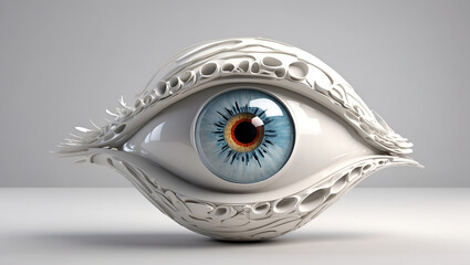 A blue eye model made from porcelain on the white background. Generative AI.