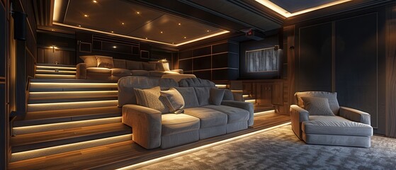 Contemporary home theater with sharp lines, modern seating, and hightech equipment