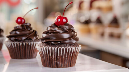 Two chocolate cupcakes with cherry on top