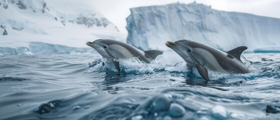 Obraz premium Dolphins swimming near an iceberg in the Antarctic sea