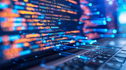 Obraz premium Abstract collage of coding on a laptop screen with digital elements 