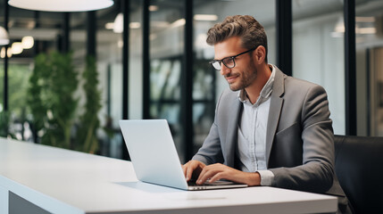 Smiling Businessman Working on Laptop in Modern Office