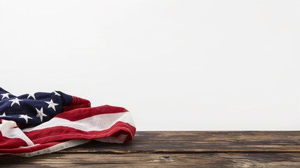 American flag draped over a wooden table, isolated on a white background, close-up shot showing stars and stripes, space for text 