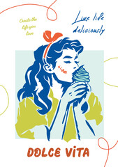A beautiful girl with a bow is eating ice cream. Vector poster on the theme of sweet life, sweet tooth, hand-drawn drawings with interesting, inspiring phrases for the comfort of your home