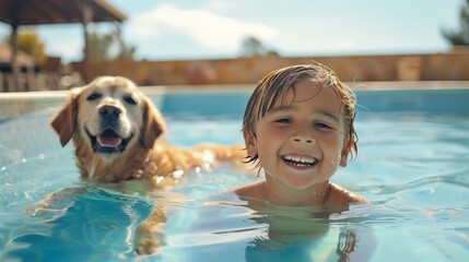 Little kid in swimming pool in backyard with a dog at home.