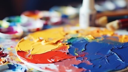 Artist painter work table with colors and paintbrush