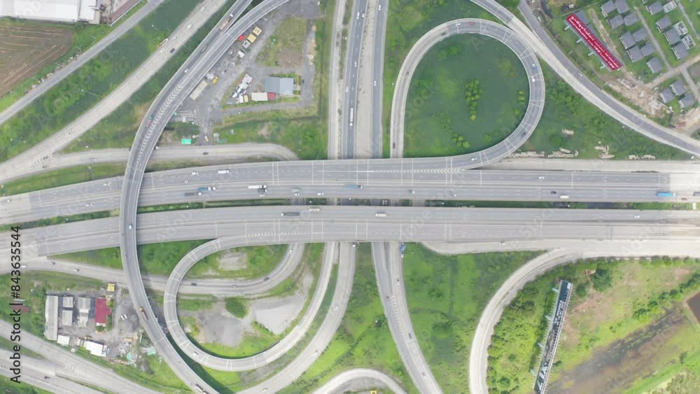 Poster aerial view of cars driving on highway or moterway. overpass bridge street roads in connection netwo