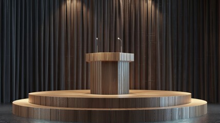 A wooden speech podium with small microphones is portrayed on a dark curtained stage background in a 3D render