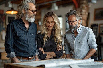 A diverse team, including a young woman, discussing architectural plans, indicating collaboration and attention