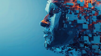 An abstract digital human head is constructed from cubes presenting a minimalistic design for business presentations flyers or posters embodying technology and robotics concepts in a 3D