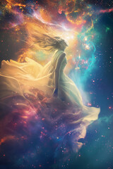 Obraz premium A woman shrouded in a flowing dress floats in a colorful cosmic galaxy with radiant, ethereal light. Ideal for fantasy art or celestial-themed designs.