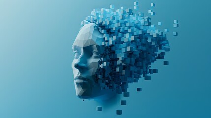 An abstract digital human head is constructed from cubes presenting a minimalistic design for business presentations flyers or posters embodying technology and robotics concepts in a 3D