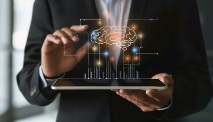 Modern Business Intelligence: Businessman Using Brain Interface Tablet for Analytics Insights