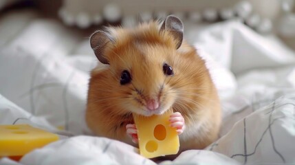 Cute hamster eating cheese