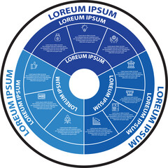 Collection of vector circle chart infographic templates for presentations, advertising, layouts, annual reports. 8 options, steps, parts	