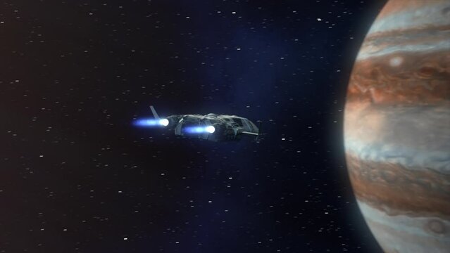Futuristic spaceship approaching the planet Jupiter.