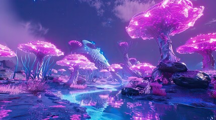 A metaverse landscape made in unreal engine, a developer paradise, make the metaverse looks impressiver, and use neon colors