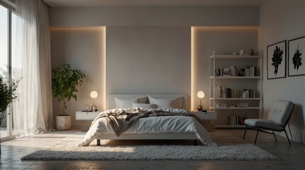 Stylish minimalist modern white bedroom interior