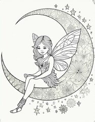 An angel sitting on a crescent moon, many stars, black and white, coloring book 