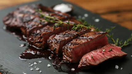 Close-up of a sliced grilled steak, medium-rare, with juices seeping out, garnished with thyme and coarse salt, served on a black slate platter 