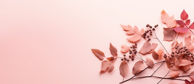 A beautiful fall themed composition with dried leaves on a pastel pink background It features a flat lay view from the top creating a serene autumn atmosphere Perfect as a copy space image