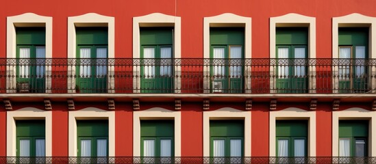 A Spanish architecture background showcases a row of windows framing a red facade with a retro style window and a green wood frame The building facade has an Italian style balcony window providing an