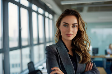 Young successful businesswoman at corporate office looking at camera.