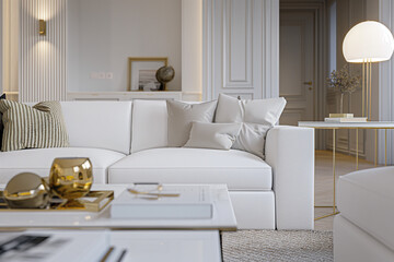 modern living room, Modern living room interior design featuring a pristine white sofa, a chic coffee table, and opulent gold decor elements