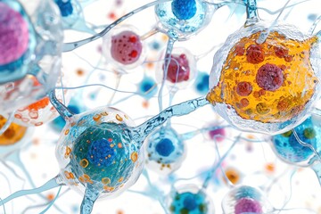 Intricate 3D model of neural cells with vibrant colors and detailed structures, perfect for educational, scientific, and medical illustrations.