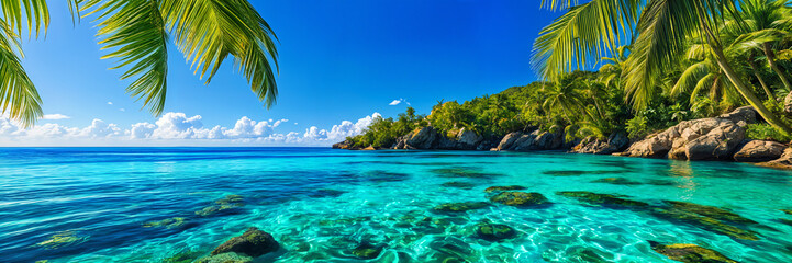 A breathtaking view of a tropical beach, with the ocean's vibrant blue waters stretching out to meet the sky at the horizon.