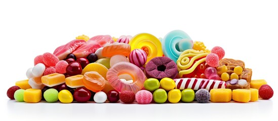 A vibrant assortment of candies in various colors positioned against a white background with plenty of copy space for creative use in images