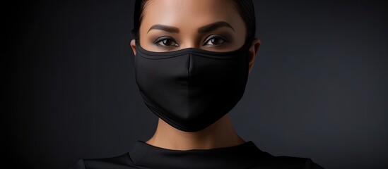 A face mask made of black protective fabric suitable for covering the nose and mouth allowing for a comfortable fit and providing adequate protection Ideal for situations where a copy space image is