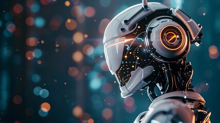  image with an AI technology theme, there is a human robot with a futuristic background 