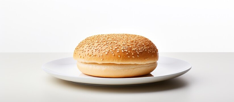 A copy space image of a sesame seed bun on a clean white plate