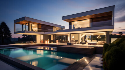 Fototapeta premium A luxurious modern mansion with a pool, showcasing contemporary architecture and high-end living.