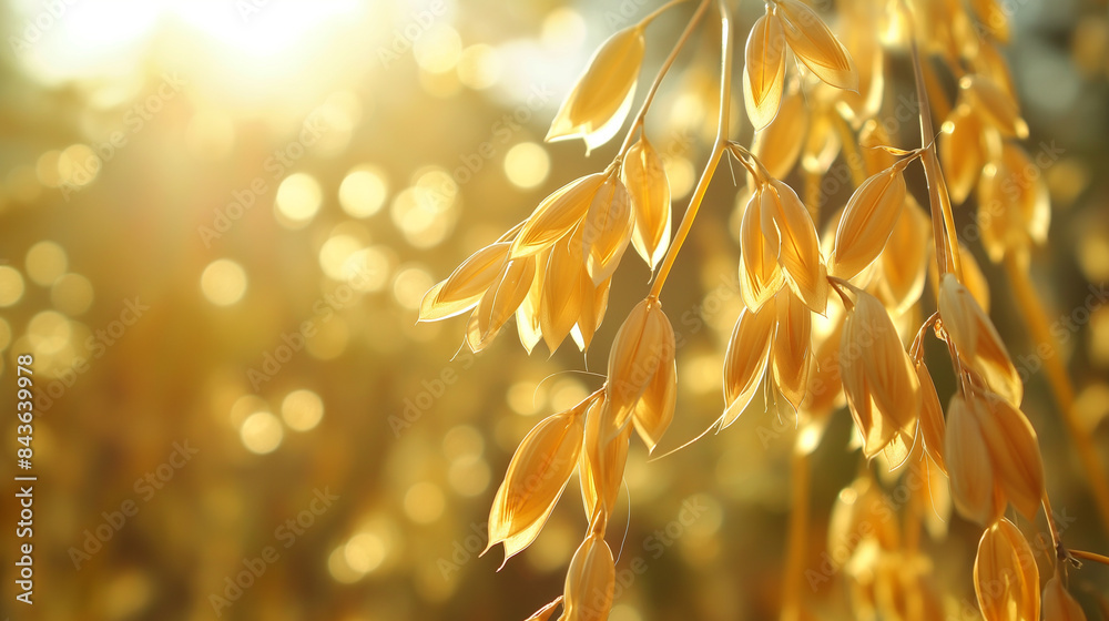 Wall mural Close-up of oats ready for harvest, golden stalks with detailed grains, bright sunlight, symbol of abundance 