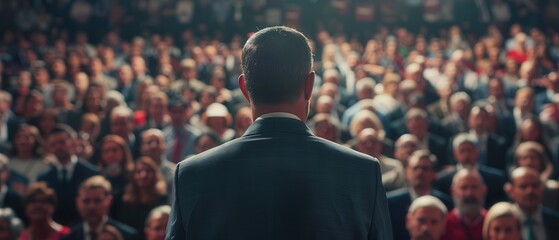 Political figure speaking to an enthusiastic crowd at a campaign rally,