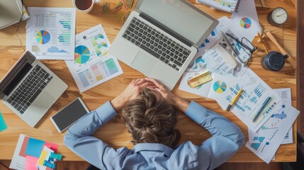 A female professional sleeping on a messy office desk