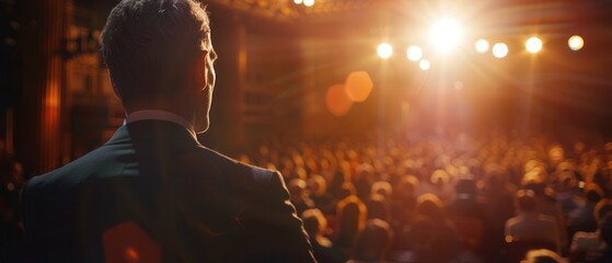 Political leader delivering a keynote address to an excited audience,