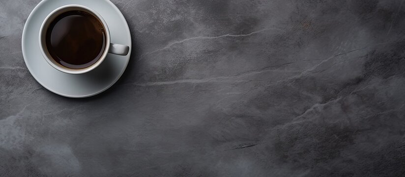 The image features a bird s eye view of a black cup filled with coffee on a gray table The background is devoid of any distractions. Copyspace image